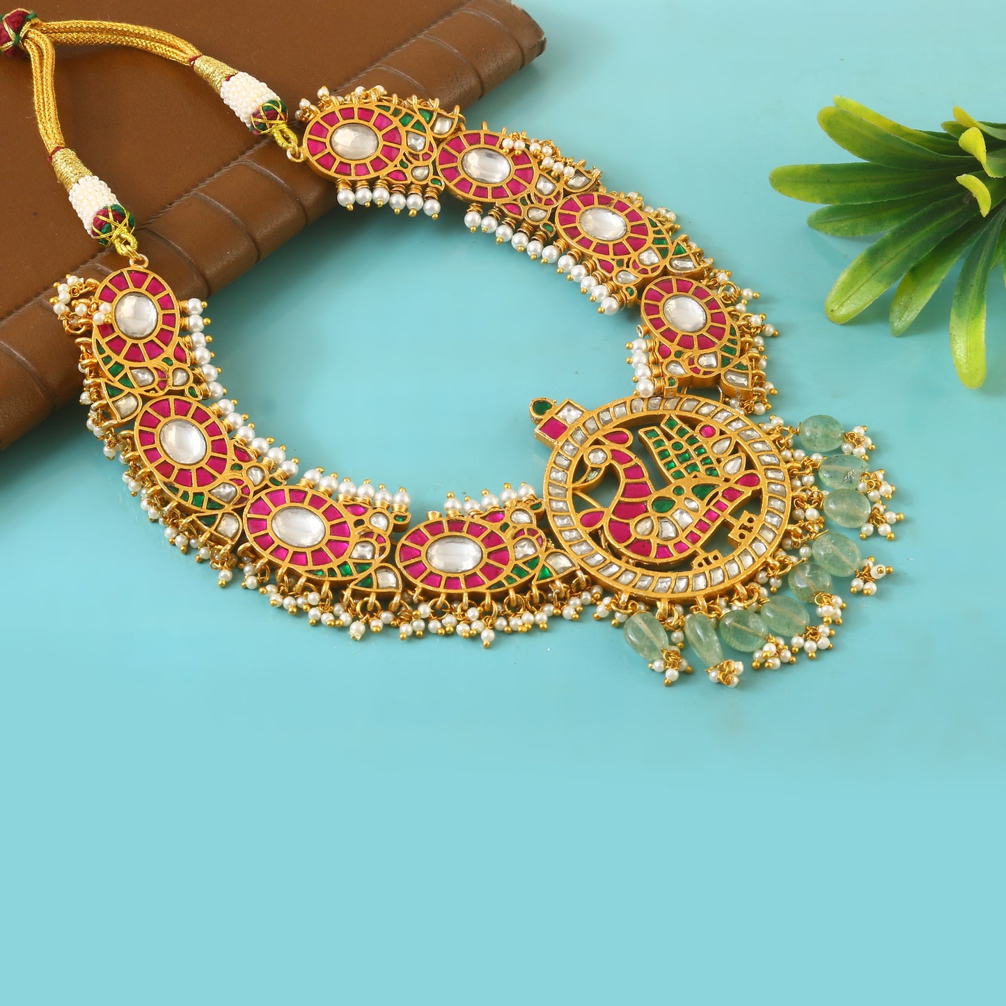 Jadau Kundan Kanti Necklace With Peacock Pendant and Set