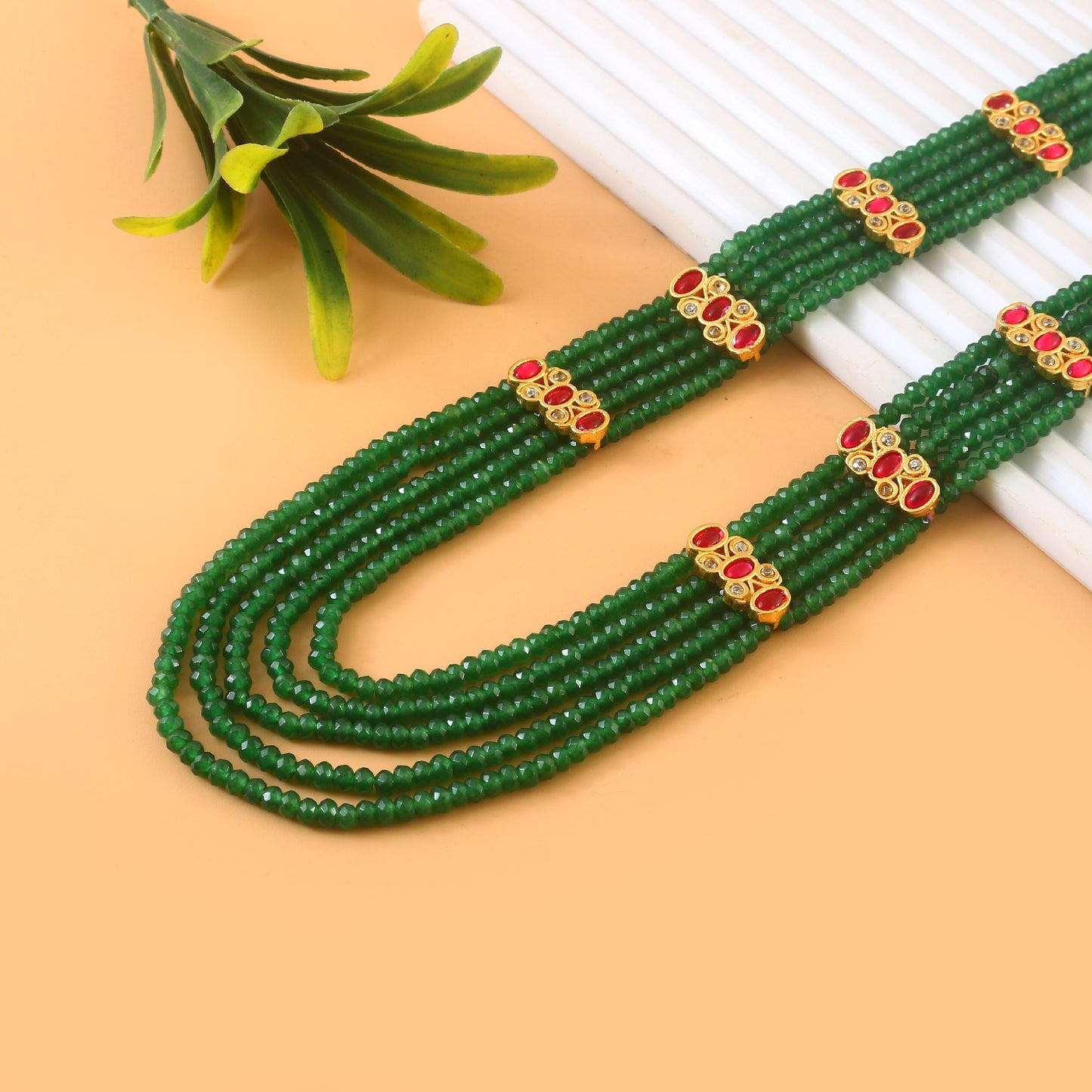 Jadau kundan real beads green brochh mala