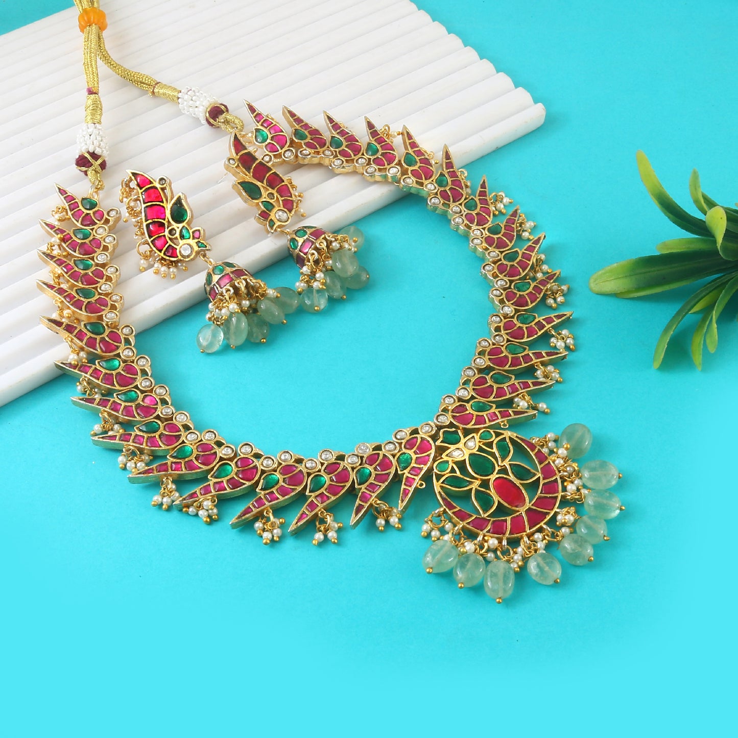 Elegant Designer Peacock Necklace with Real Jadau Kundan, Pearls, and Emerald Green Beads Hangings Regular price