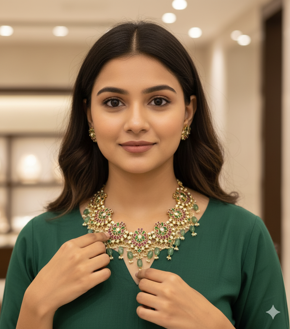 gold plated jadau kundan stone and pearls necklace set