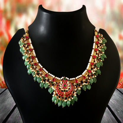 jadau kundan Ruby Emerald real kempu Bridal Necklace south