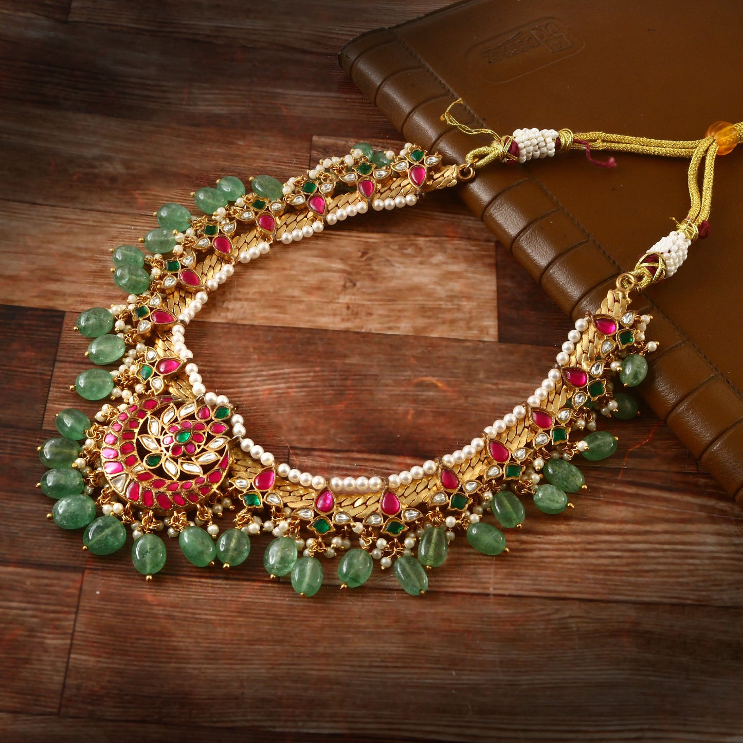 jadau kundan Ruby Emerald real kempu Bridal Necklace south