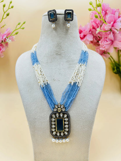 Blue & White Jadau Kundan Necklase Set