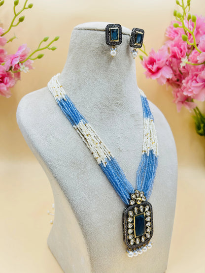 Blue & White Jadau Kundan Necklase Set