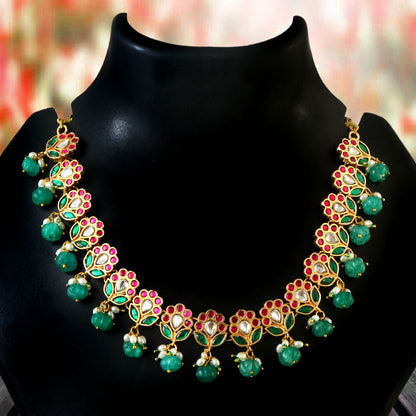 Translucent Falling Lotus Flexible necklace set with Green, Pink and White Stones | Shobitam Jewelry