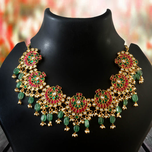 gold plated jadau kundan stone and pearls necklace set
