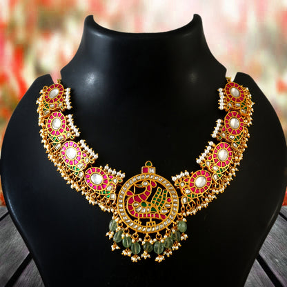 Jadau Kundan Kanti Necklace With Peacock Pendant and  Set