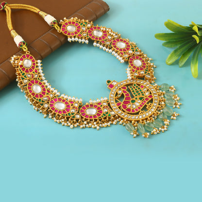 Jadau Kundan Kanti Necklace With Peacock Pendant and  Set