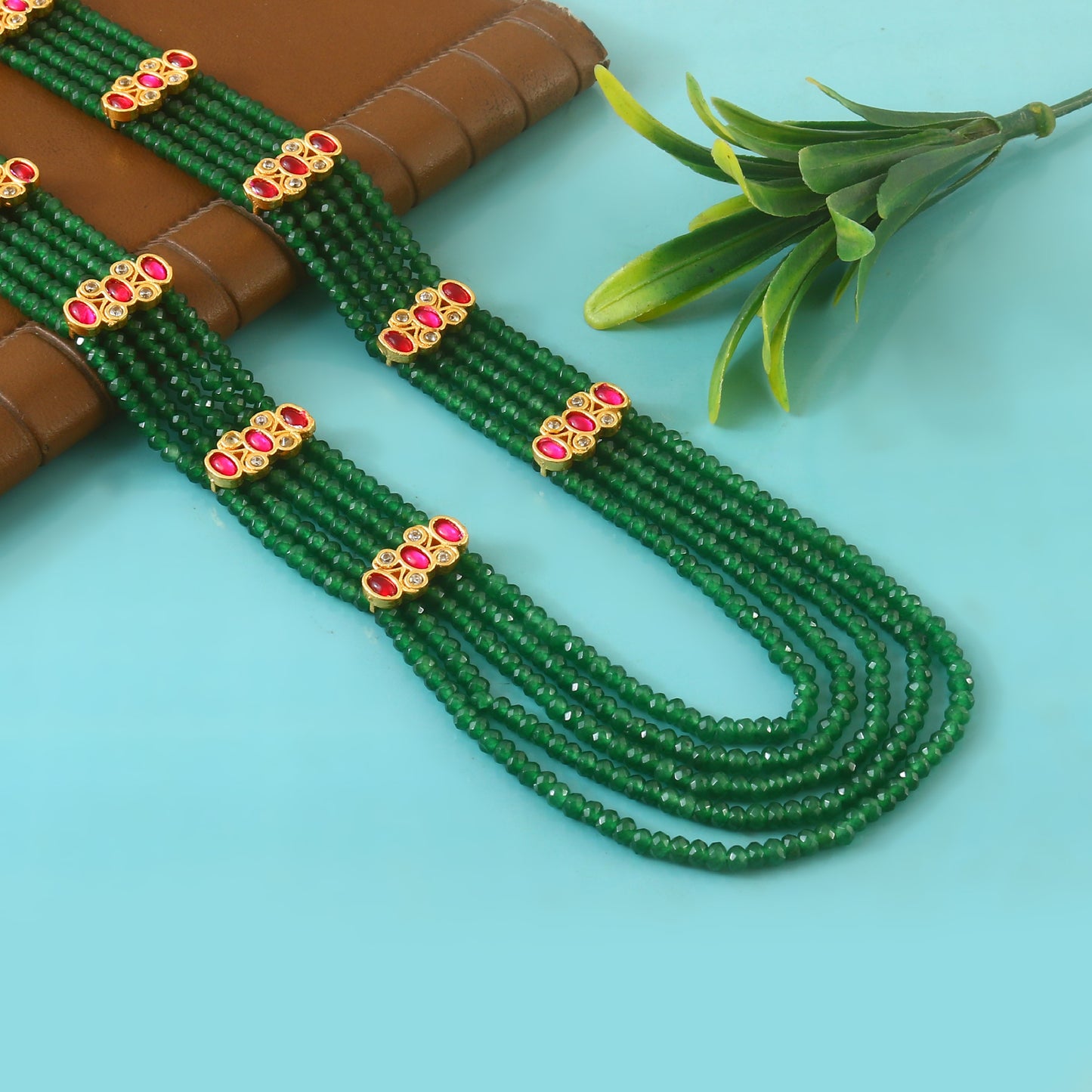 Jadau kundan real beads green brochh mala