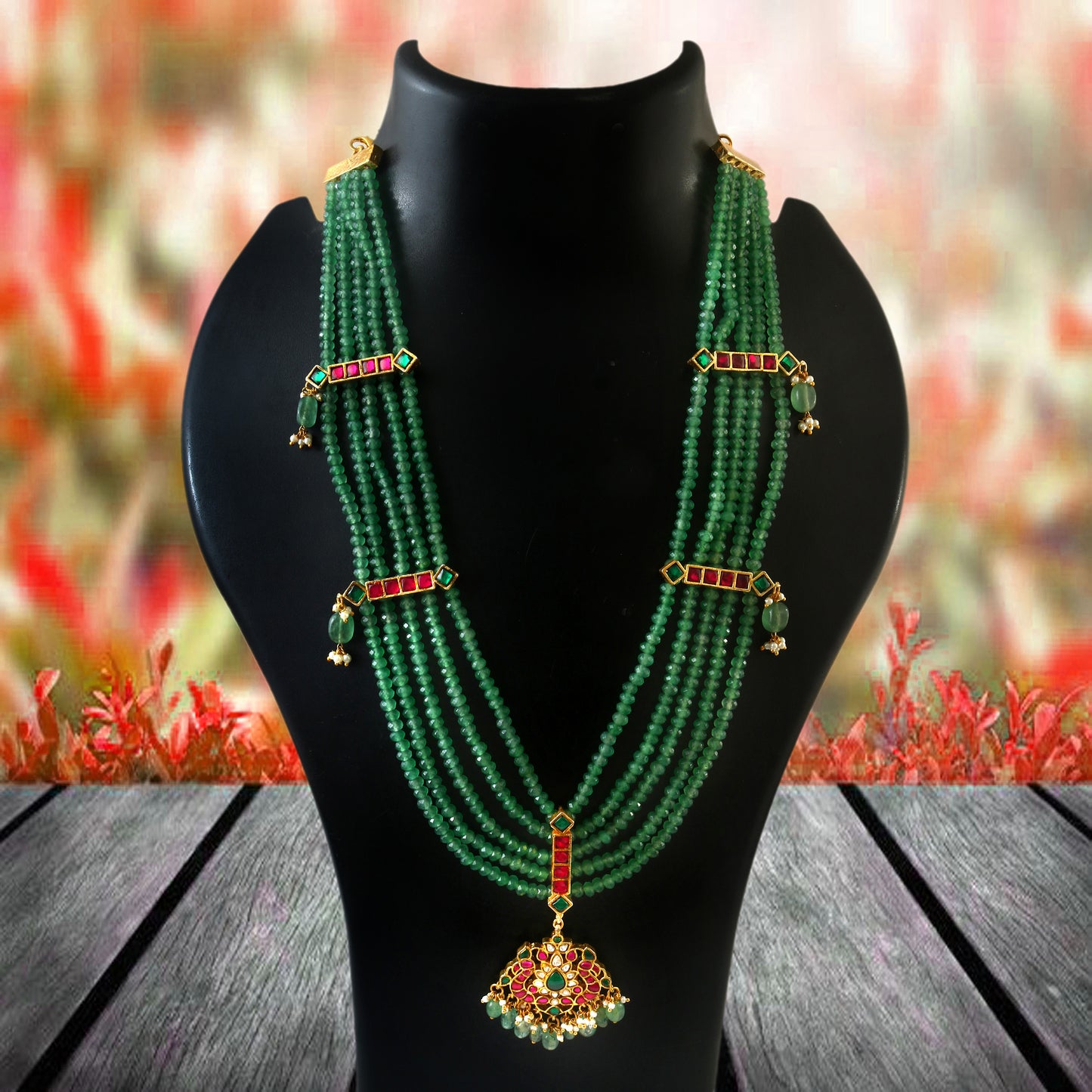 Beaded multilayer green haaram with kemp stones and beads & pearl hangings