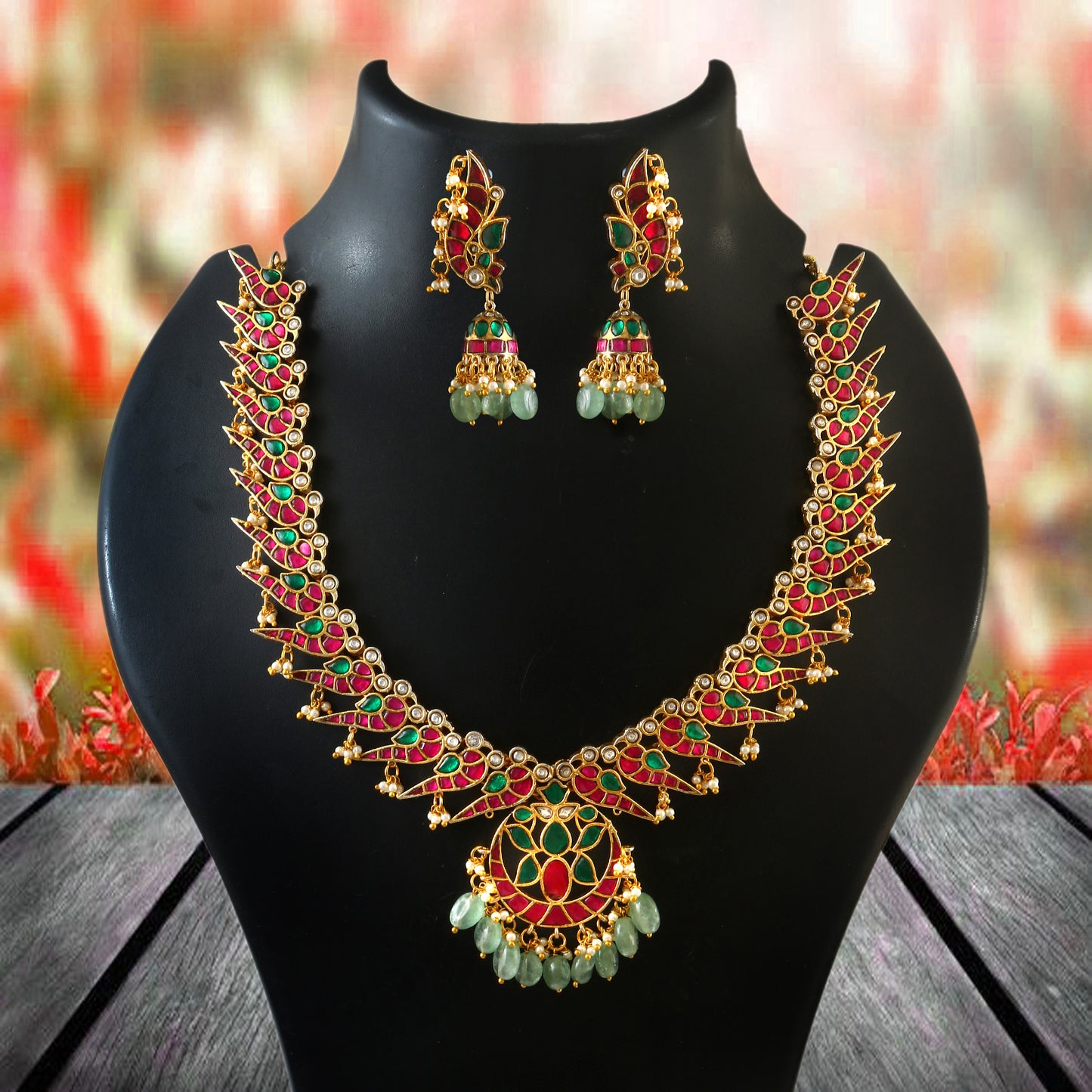 Elegant Designer Peacock Necklace with Real Jadau Kundan, Pearls, and Emerald Green Beads Hangings Regular price