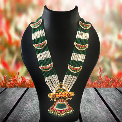 Elegant Designer Peacock Necklace with Real Jadau Kundan, Pearls, and Emerald Green Beads Hangings Regular price
