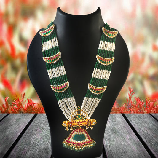 Elegant Designer Peacock Necklace with Real Jadau Kundan, Pearls, and Emerald Green Beads Hangings Regular price