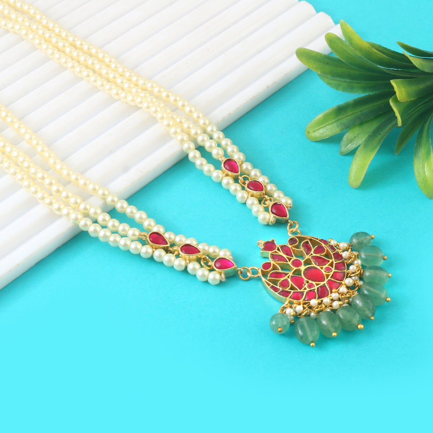 Gold Foil Multi Color Pendent Green Mala (One Size