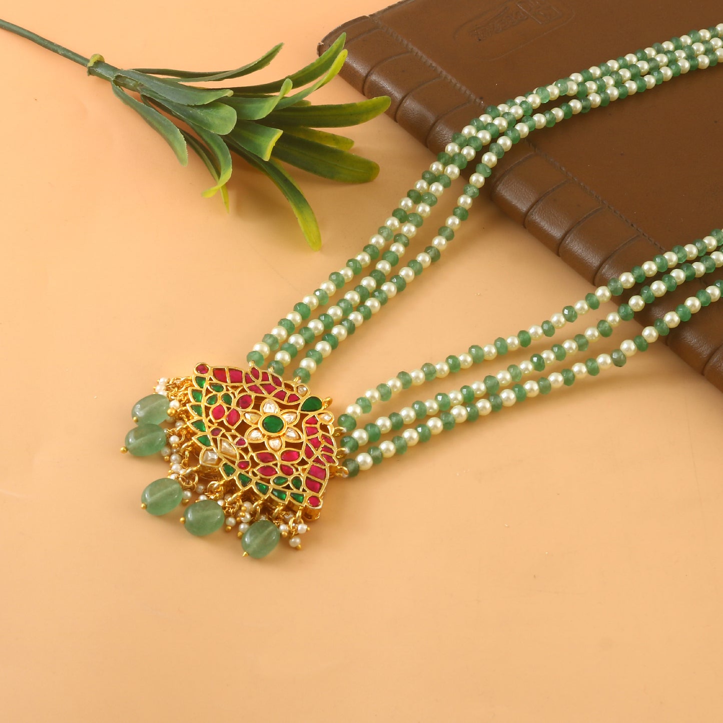 Gold Foil Multi Color Pendent Green Mala (One Size