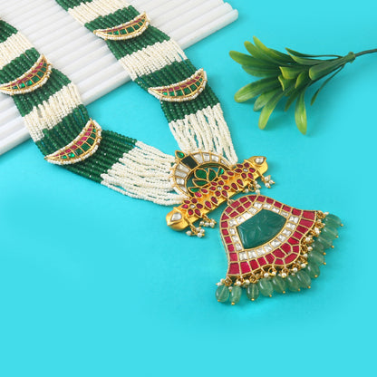 Elegant Designer Peacock Necklace with Real Jadau Kundan, Pearls, and Emerald Green Beads Hangings Regular price