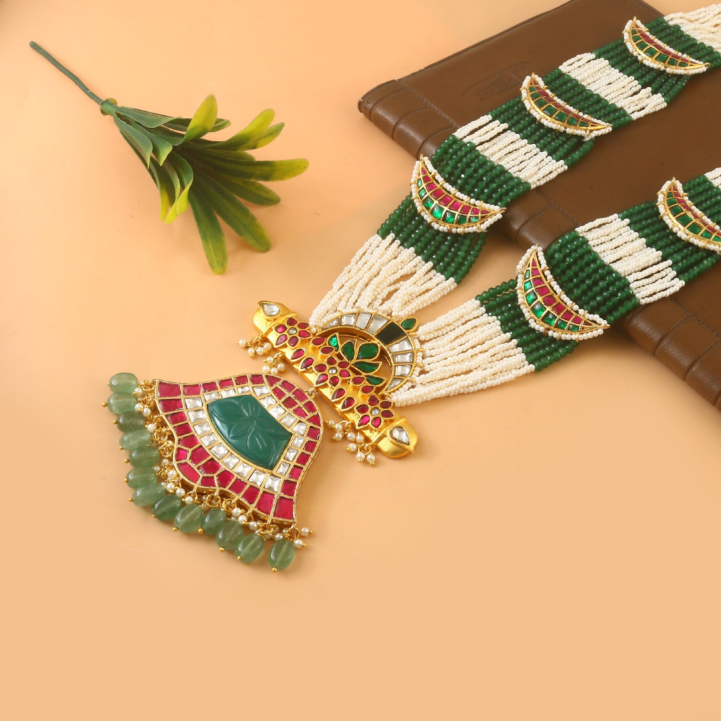 Elegant Designer Peacock Necklace with Real Jadau Kundan, Pearls, and Emerald Green Beads Hangings Regular price
