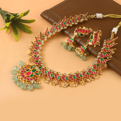 Elegant Designer Peacock Necklace with Real Jadau Kundan, Pearls, and Emerald Green Beads Hangings Regular price