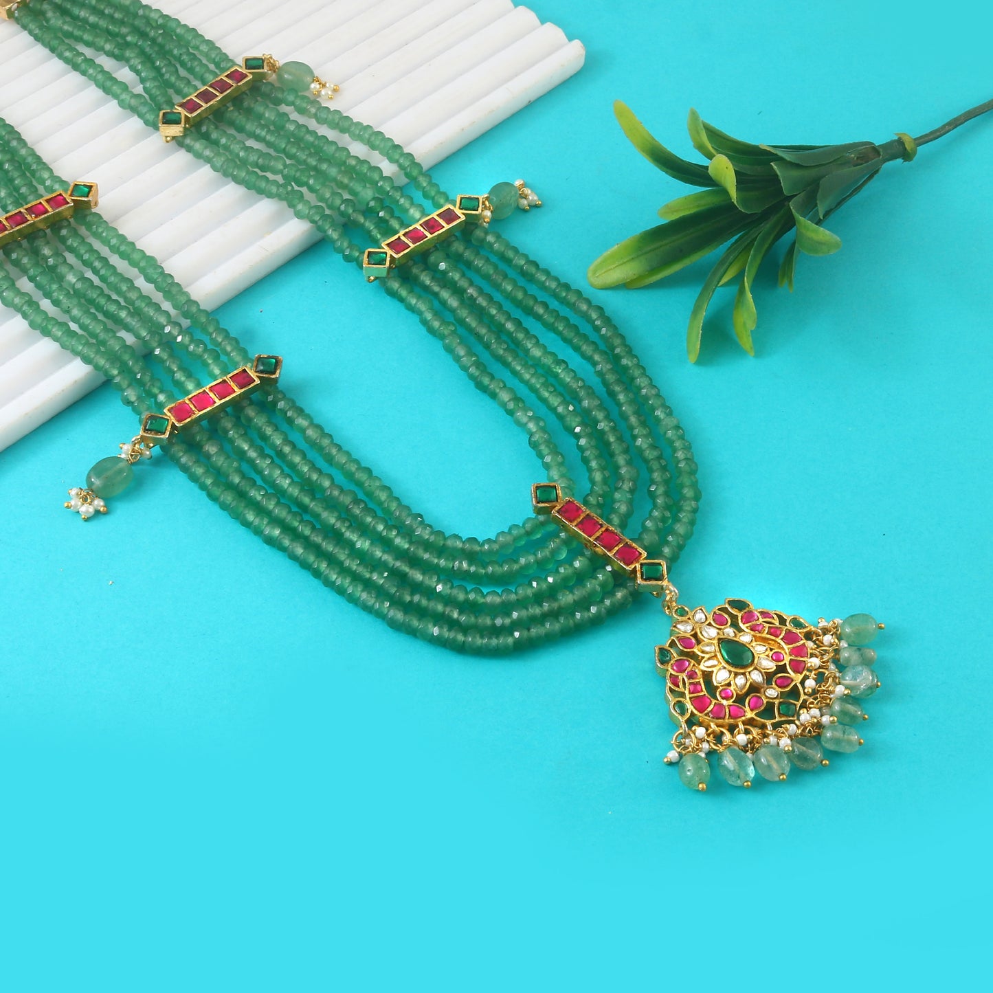 Beaded multilayer green haaram with kemp stones and beads & pearl hangings
