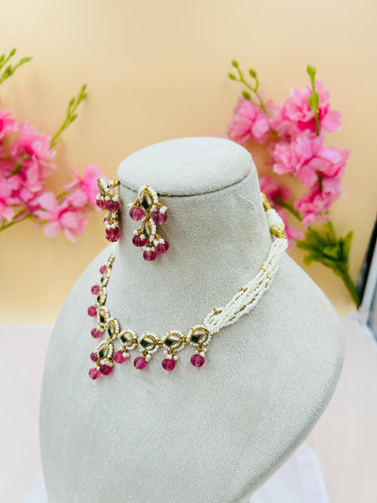 Jadau Kundan Necklace Set (Pink)