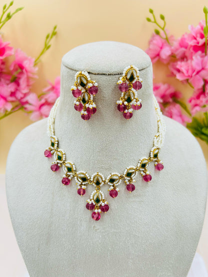 Jadau Kundan Necklace Set (Pink)