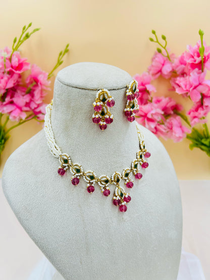 Jadau Kundan Necklace Set (Pink)