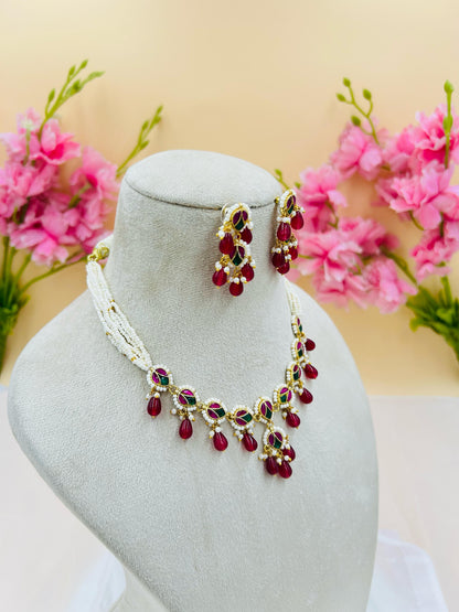 Jadau Kundan Necklace Set (Pink)