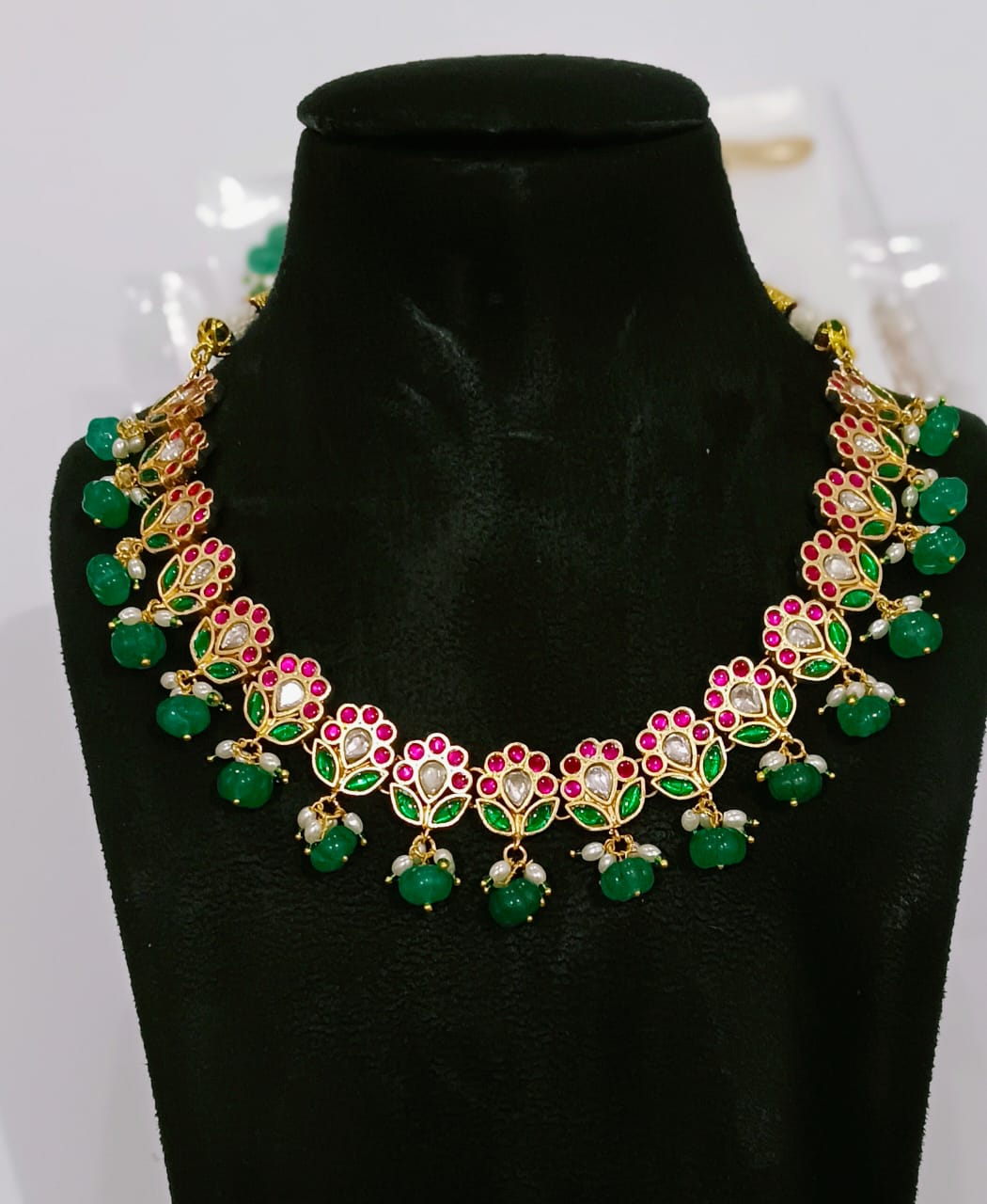 Translucent Falling Lotus Flexible necklace set with Green, Pink and White Stones | Shobitam Jewelry