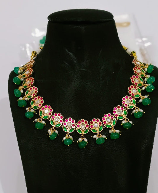 Translucent Falling Lotus Flexible necklace set with Green, Pink and White Stones | Shobitam Jewelry