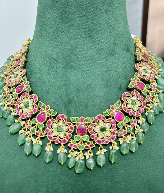 gold plated jadau kundan stone and pearls necklace set