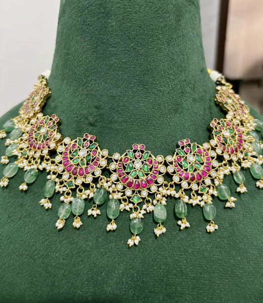 gold plated jadau kundan stone and pearls necklace set