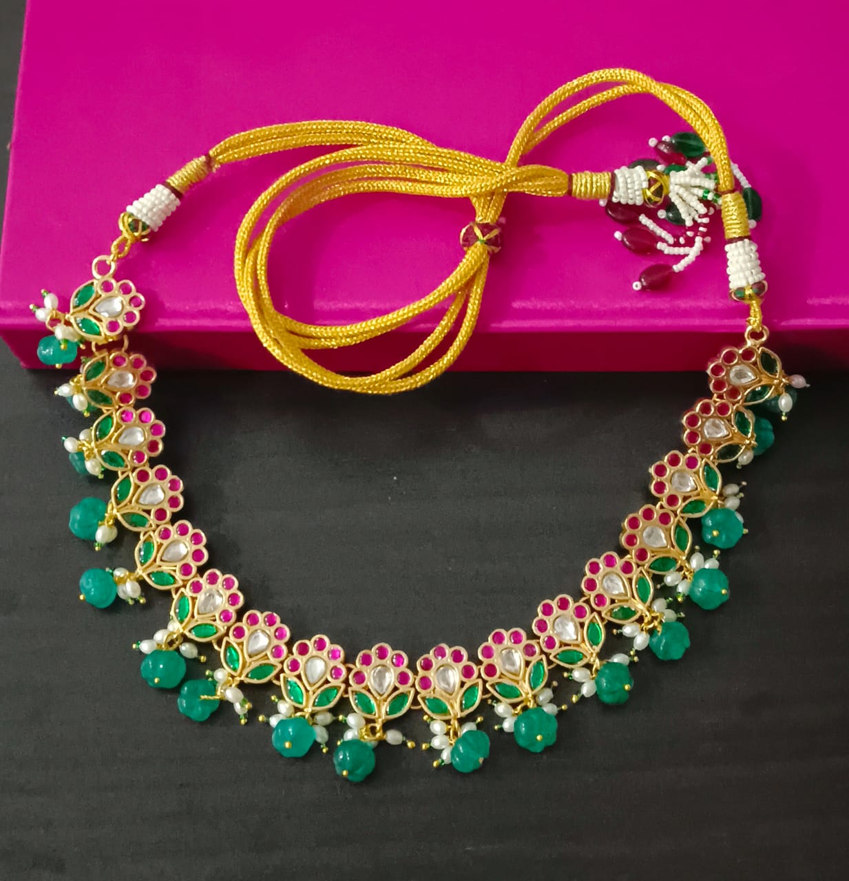 Translucent Falling Lotus Flexible necklace set with Green, Pink and White Stones | Shobitam Jewelry