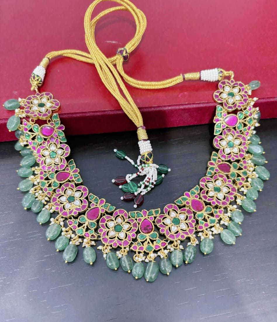gold plated jadau kundan stone and pearls necklace set