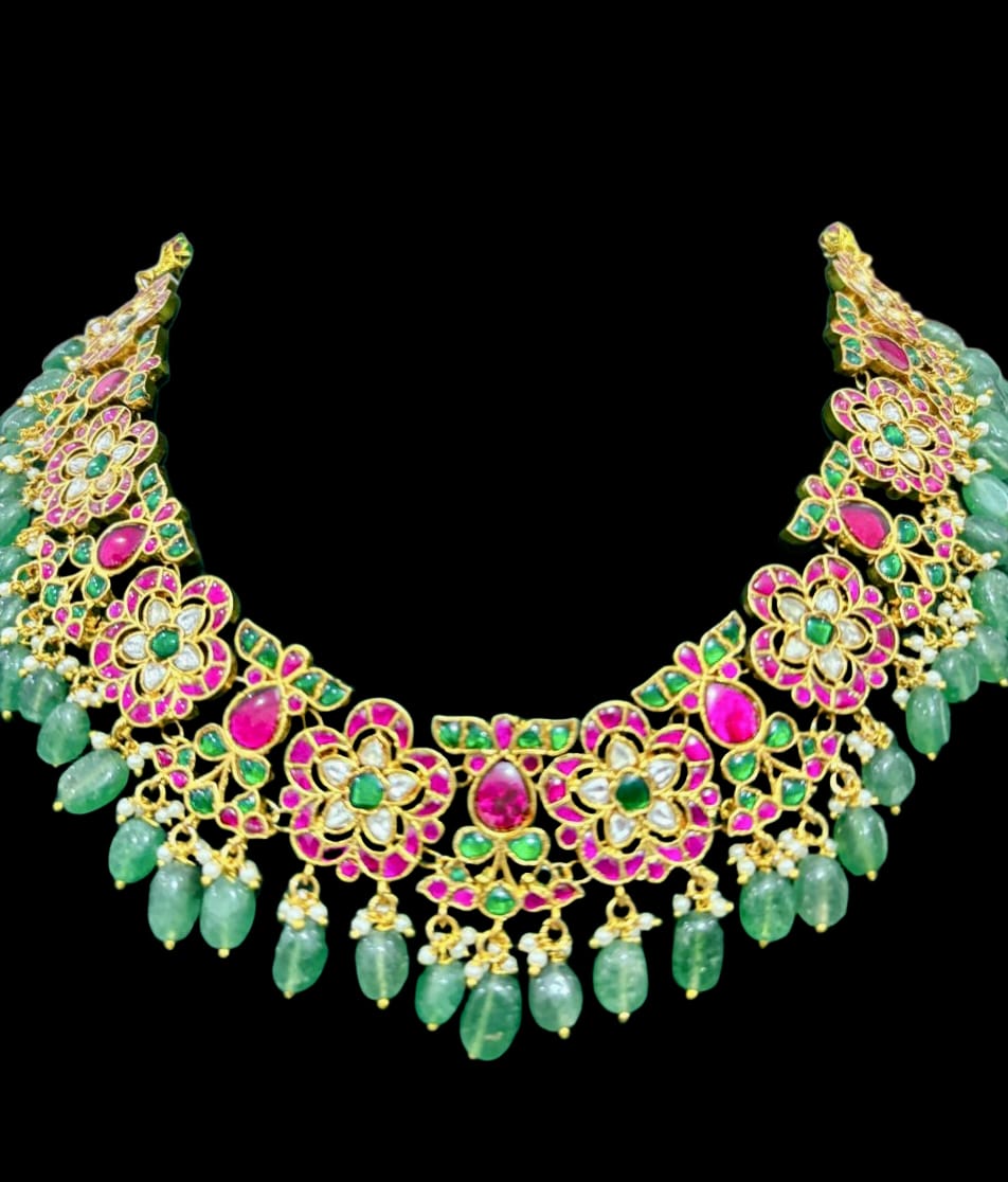 gold plated jadau kundan stone and pearls necklace set