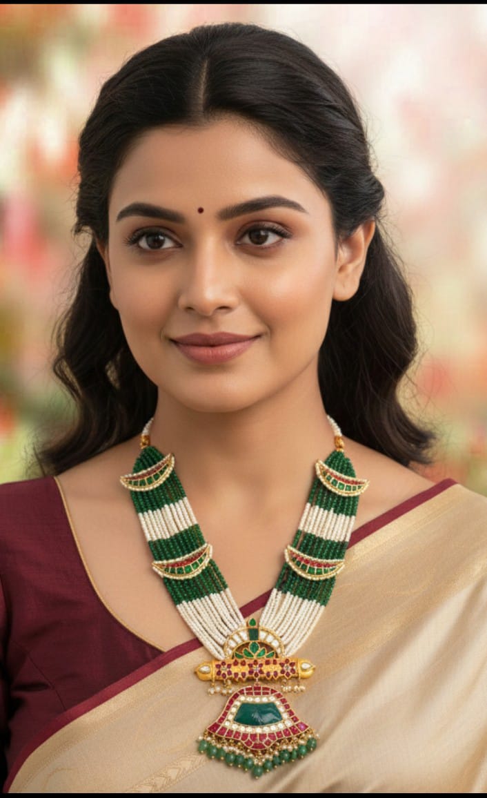 Elegant Designer Peacock Necklace with Real Jadau Kundan, Pearls, and Emerald Green Beads Hangings Regular price