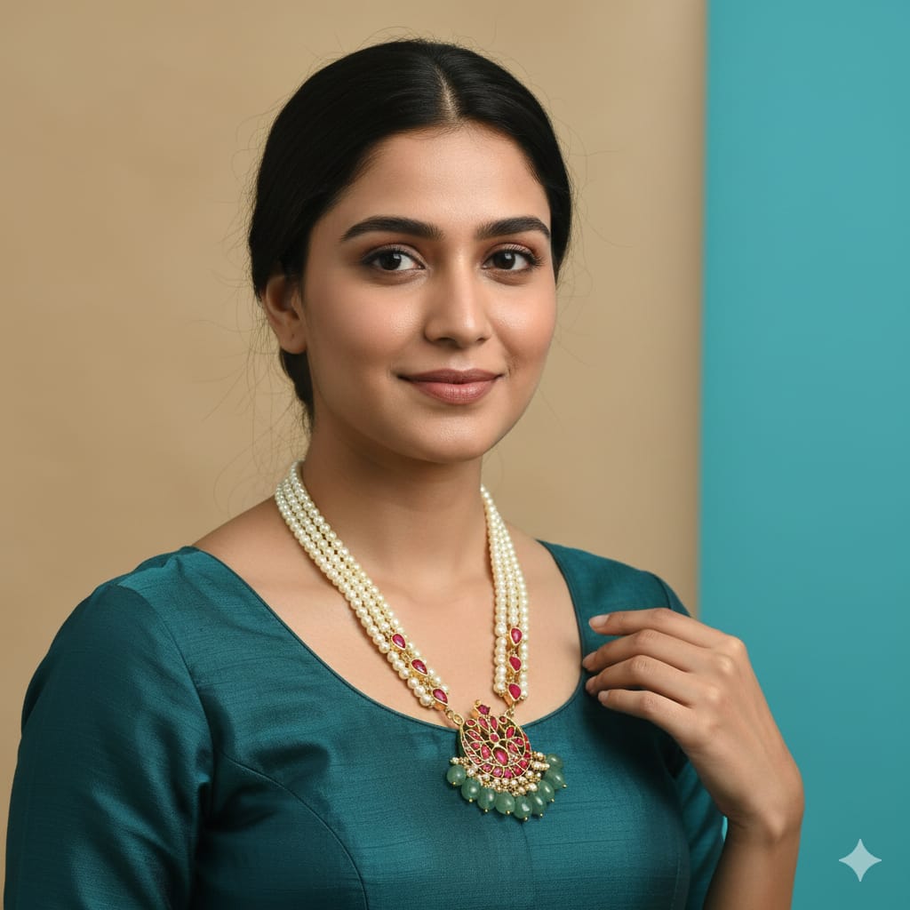 Gold Foil Multi Color Pendent Green Mala (One Size