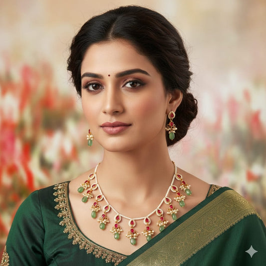 Necklace 1garm Gold Foil Multi Color Pendent Green Mala (One Siz