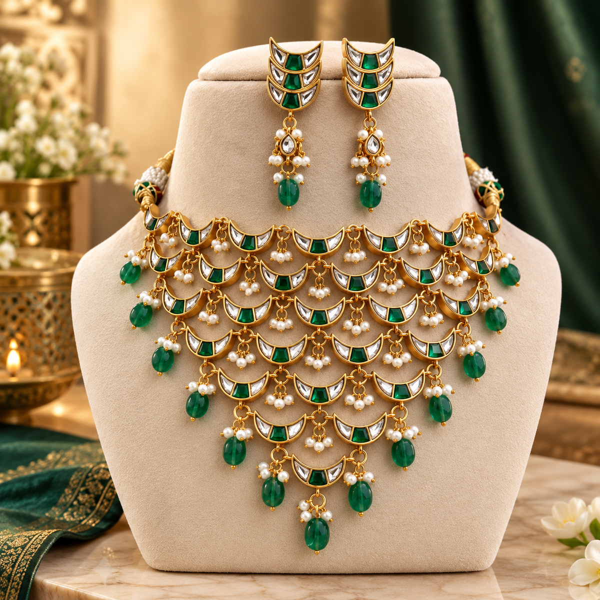 Traditional Gold-Plated Emerald Kundan Bridal Necklace Set with Pearl & Green Beads