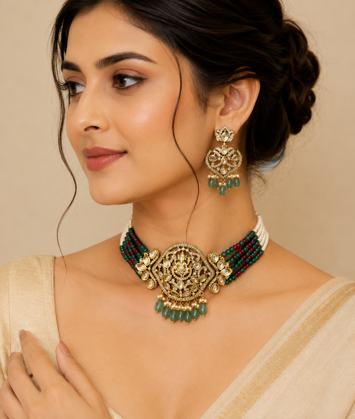 Jadau Kundan Necklace Set (Beads)